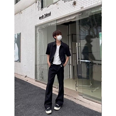 黑色高腰弯刀西裤男款垂坠感高级感裤子cleanfit高个子直筒微喇裤，男装休闲裤，星座302B