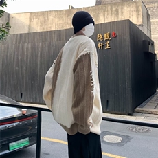 拼接撞色毛衣男冬季潮宽松休闲慵懒风设计感小众套头针织衫P55，男装针织衫/毛衣，四季星座218-1