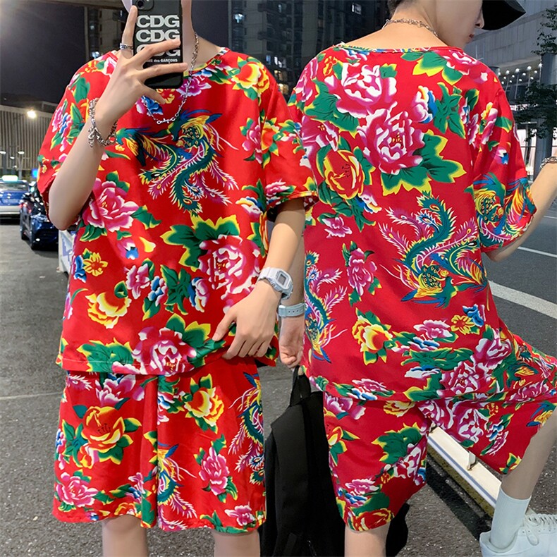 TZ203夏新款男士T恤短裤套装东北大花大码红色蓝色青年运动套装,男装休闲套装,星座115A(原星座507）