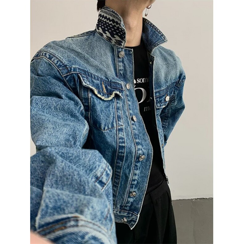 春季新款水洗短款牛仔外套男宽松圆领长袖休闲夹克上衣 JF4007图片