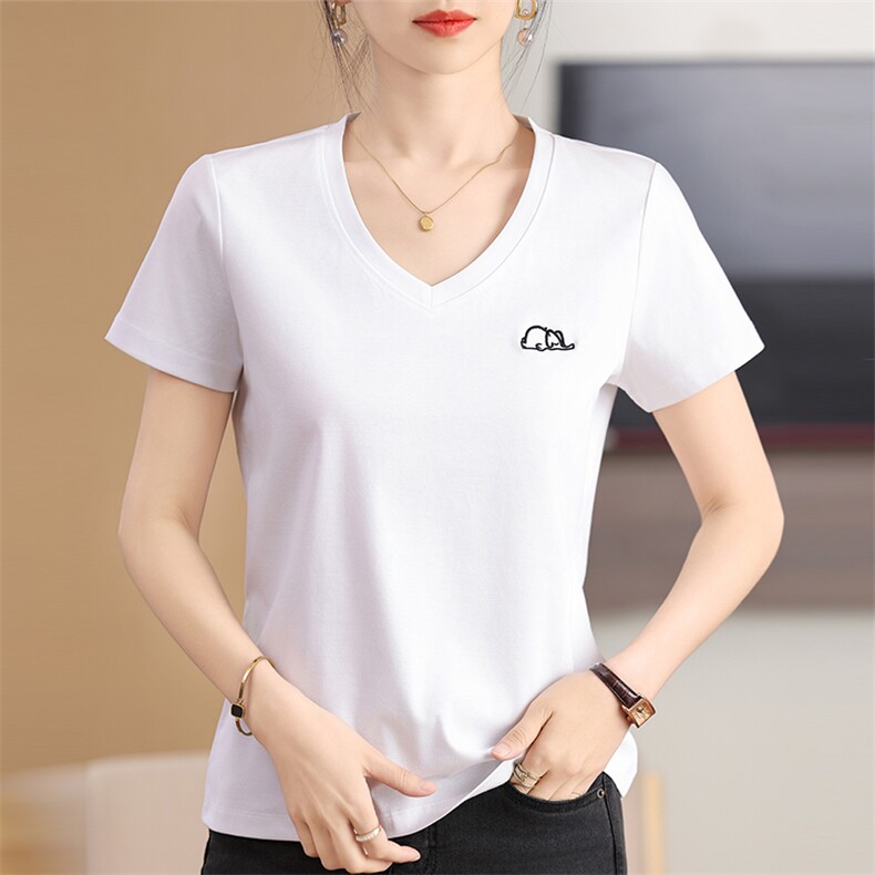 2025款夏季简约V领短袖t恤女丝光棉百搭修身上衣纯色打底衫，女装T恤，元素羊绒