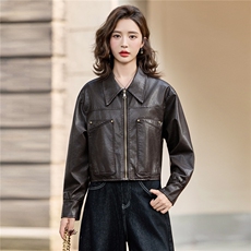 酷飒风翻领皮衣短外套女2025秋季新款小个子显瘦百搭机车夹克上衣，女装皮衣，臻衣坊