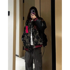棒球服外套男女2025春秋季新款百搭拼接pu皮袖迷彩夹克J711，男装夹克，星座1116A（原606A-3）