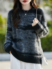 秋冬100%纯羊毛衫针织毛衣女圆领拉绒拼色长袖上衣宽松慵懒羊绒衫，女装针织衫/毛衣，片语羊绒