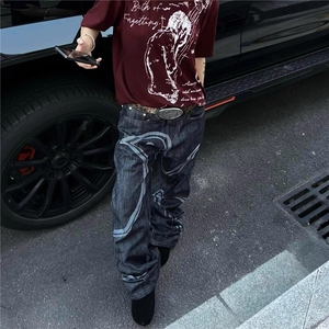 美式复古原牛设计感鸽子刺绣牛仔裤男女潮牌hiphop宽松直筒长裤图片