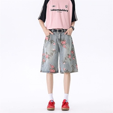 美式复古高街花卉牛仔五分裤男款夏季高级感XZ201-339P42，男装牛仔裤，星座201