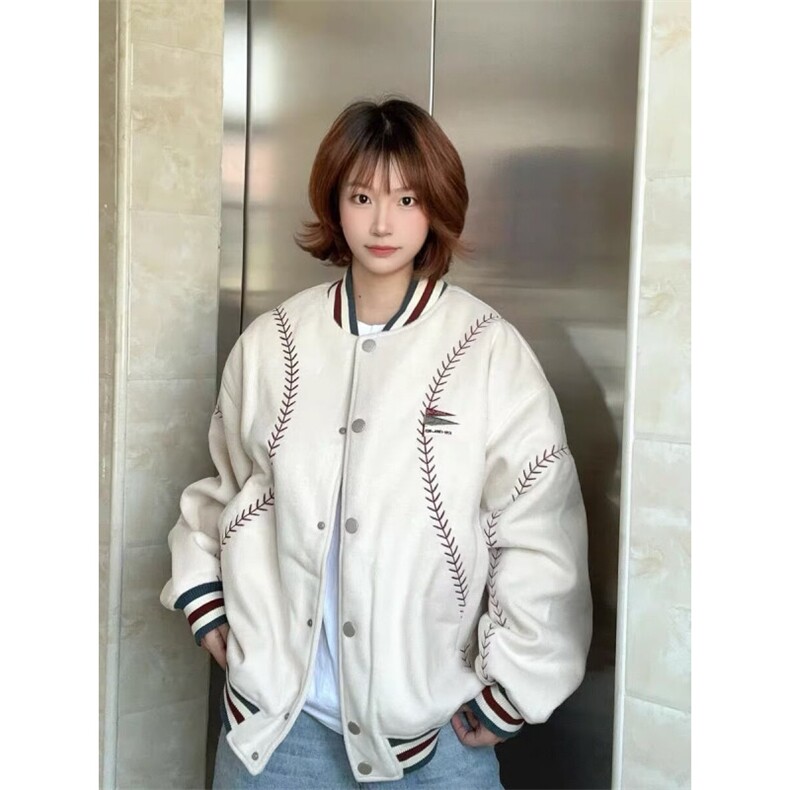 重磅三彩尼满刺绣棒球棉服百搭文艺潮流新款原宿夹克W6884-P77图片
