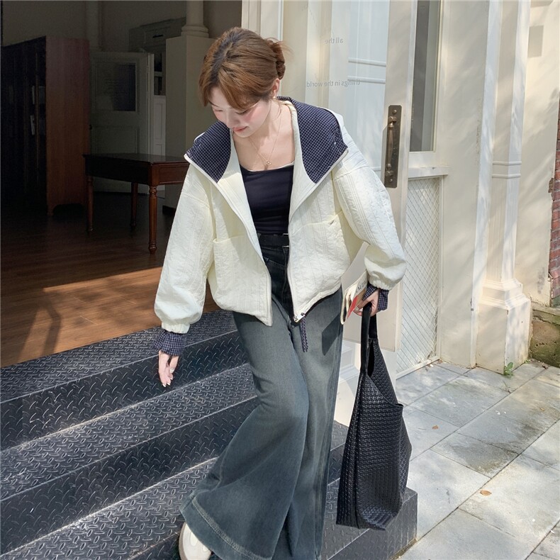 米白色韩系格子拼接棉服外套女冬季2025新款气质减龄棉衣爆款棉袄，女装棉衣/棉服，慧尚依恋