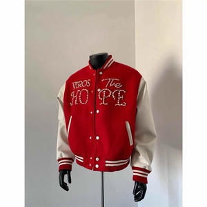 字母款 珍珠红色棒球服撞色夹克外套JK0116-P100图片