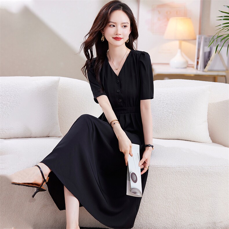 法式连衣裙女2023年夏季新款优雅气质高腰V领收腰垂感中长款裙子,女装连衣裙,江南女神
