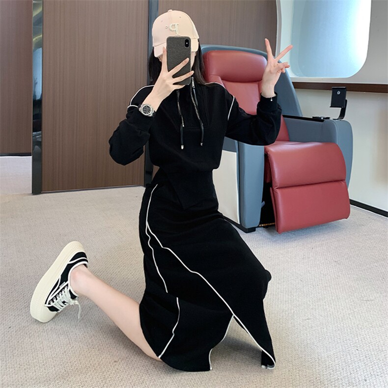 女秋时尚修身减龄收腰短款卫衣开叉半身裙套装,女装套装/套裙,江南