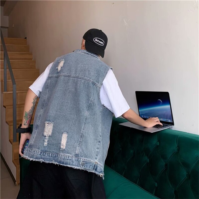 坎肩牛仔马甲男薄款外穿无袖外套破洞休闲背心马夹韩版潮M866-p45图片