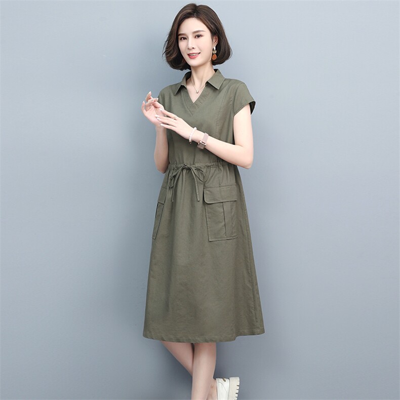 2022夏季新款时尚宽松显瘦舒适气质小V领设计修身连衣裙,女装连衣裙,忆绮罗