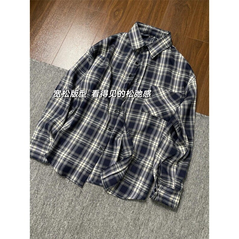 V3211HH-P38美式复古cleanfit藏青色格子衬衫男美式衬衣外套春季,男装衬衫,星座1007（原301D）