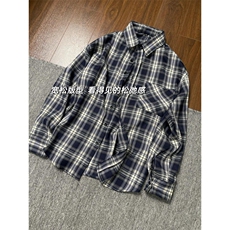 V3211HH-P38美式复古cleanfit藏青色格子衬衫男美式衬衣外套春季，男装衬衫，星座1007（原301D）