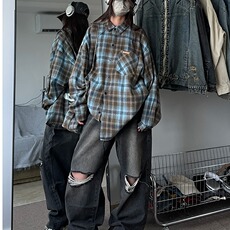长袖格子衬衫男女少年感穿搭日系复古高街潮牌休闲衬衣外套情侣，男装衬衫，星座506A
