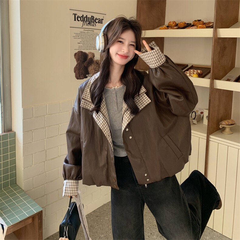 新品格子拼接皮衣外套2C117-1832P165K268,女装短外套,2C117