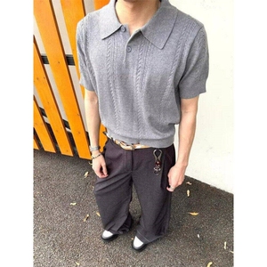 灰色麦穗纹针织短袖polo衫男款美式复古正肩t恤半袖ER5111-p52图片