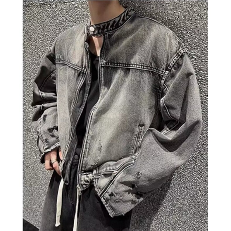 痞帅机车风夹克男水洗磨破短款牛仔外套无领拉链春秋长袖JK8621，男装工装外套，星座1116A（原606A-3）