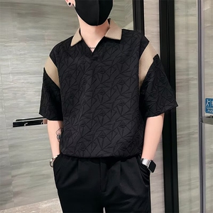 轻熟个性设计感短袖T恤男夏季痞帅修身翻领半截袖拼接撞色polo衫图片