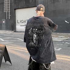 复古水洗做旧人物图案印花重磅落肩袖短袖T恤XZ514-2-2301-P38，男装T恤，星座514-2(原B239)