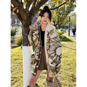 复古水墨画毛衣外套女冬季气质上衣独特超好看针织开衫 M375图片
