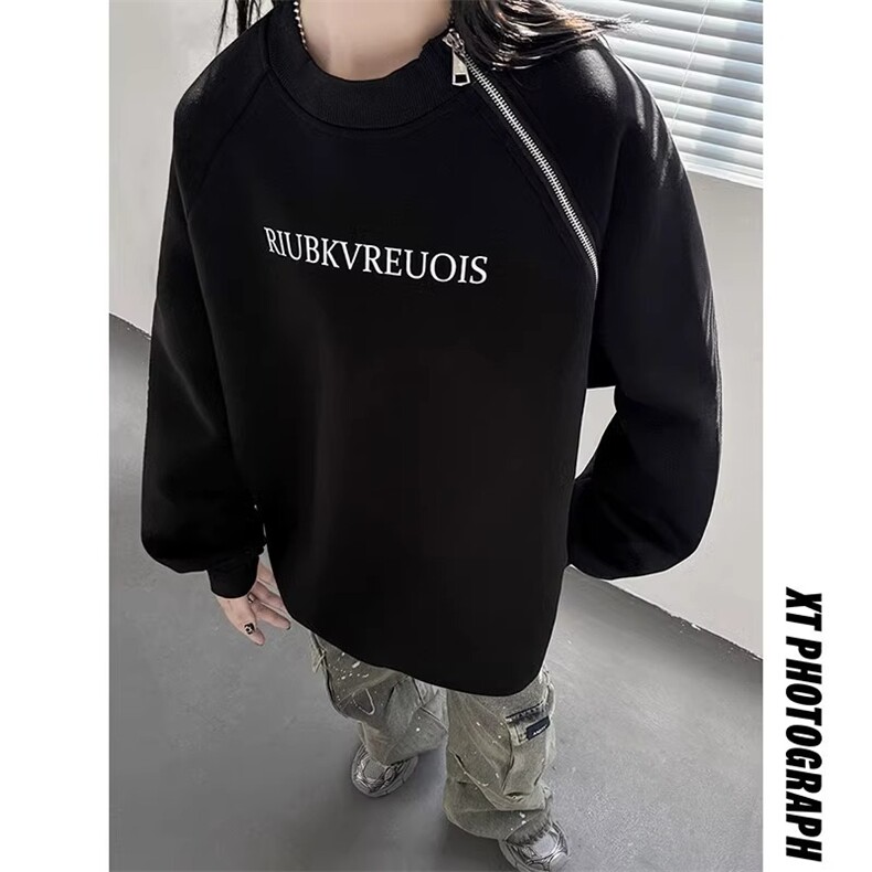 美式oversize卫衣男女春秋斜肩拉链设计圆领上衣高级感痞帅长袖T,男装T恤,星座302B