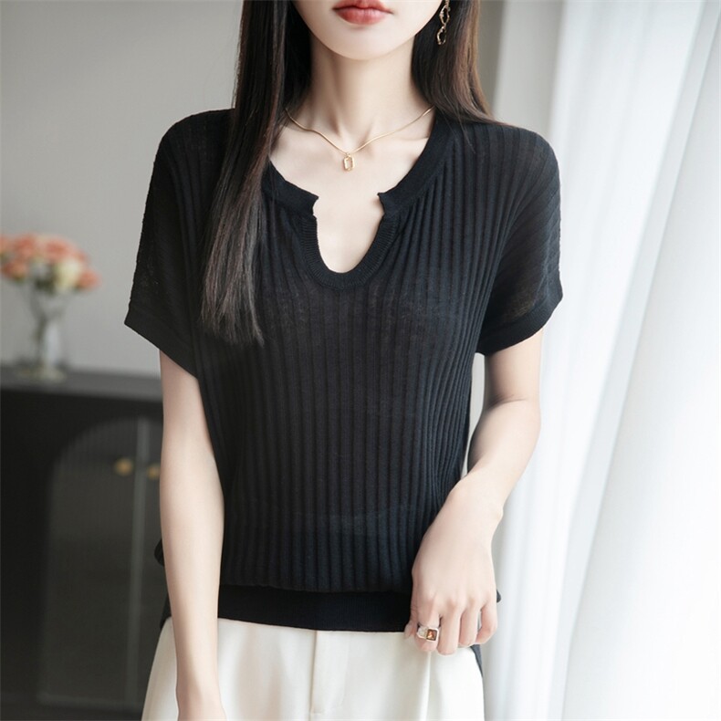 夏季款莱赛尔天丝针织短袖T恤女剪刀V领坑条上衣宽松半袖打底背心,针织衫/毛衣,暖烁特种纱工厂店