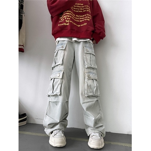 Cleanfit美式复古多口袋宽松直筒男女牛仔裤2 XZ502-K707-P65控88图片
