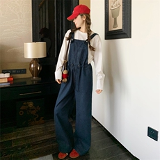 学院风减龄牛仔背带裤女2025年春秋季新款韩版复古显瘦收腰连体裤，女装休闲裤，2C158