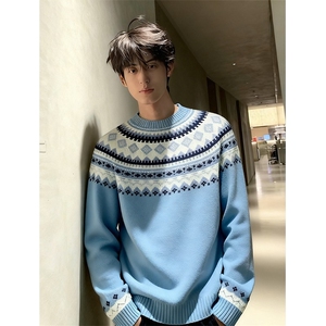 JY618-P55 学院风费尔岛提花圆领套头针织衫宽松慵懒毛衣上衣图片