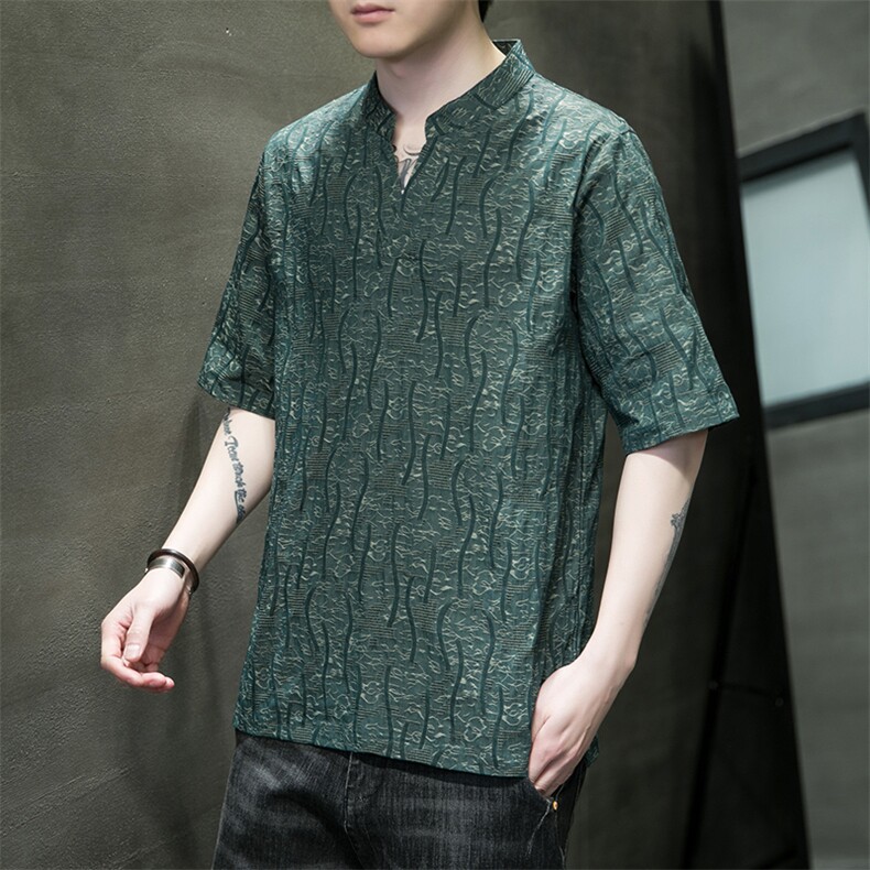 新中式立领唐装短袖风T恤汉服高品质缎彩潮提花T321-P55,男装T恤,电商A227