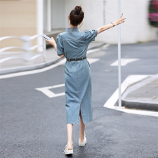 短袖牛仔连衣裙女中长款2025年夏装小个子洋气网红气质a字裙子，女装连衣裙，E百度