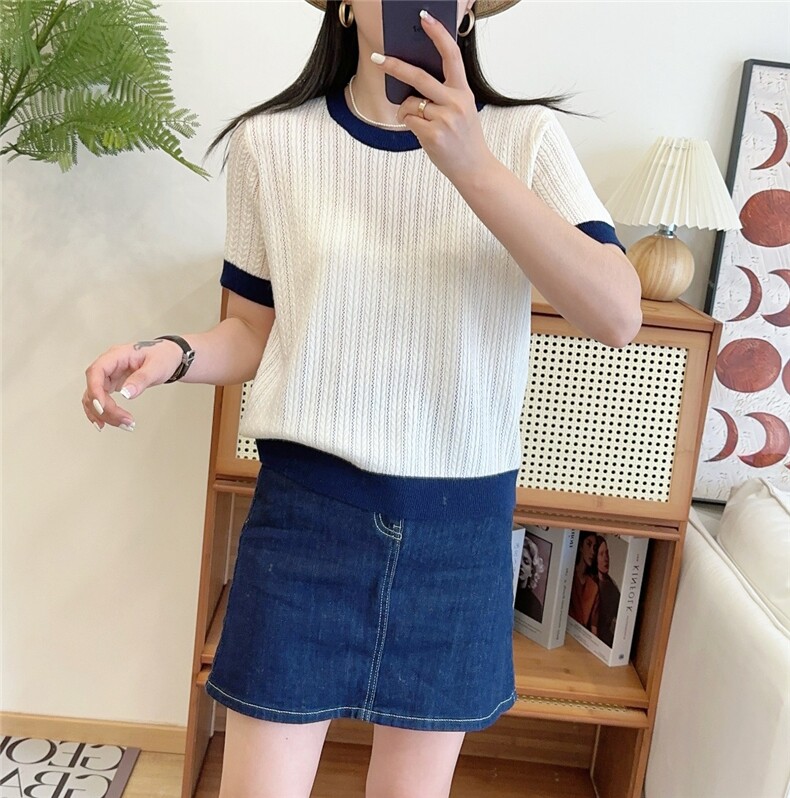短袖t恤女夏季2025新款显瘦宽松大码条纹冰丝针织上衣,女装T恤,九嘉羊绒