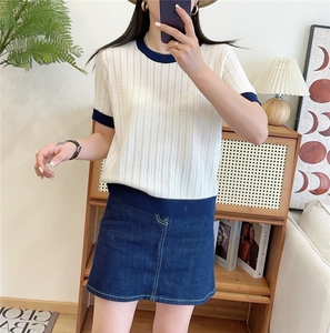 短袖t恤女夏季2025新款显瘦宽松大码条纹冰丝针织上衣图片