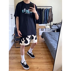 黑白撞色火焰短裤男女夏季阔腿五分裤美式hiphop裤子GK16WW-特P30，男装牛仔裤，星座1007（原301D）