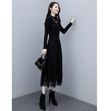 2023秋季新款半高领线衣花边配蕾丝长款打底连衣裙（配饰品),女装连衣裙,安之芮娜
