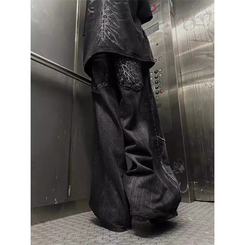 欧美嘻哈哥特街头宽松牛仔裤男复古拼接补丁做旧阔腿长裤,男装牛仔裤,星座506A