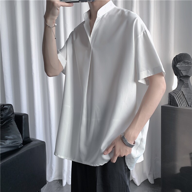 白色V领衬衫男短袖polo衫冷淡风男装高级感oversize大码衬衣t恤潮图片