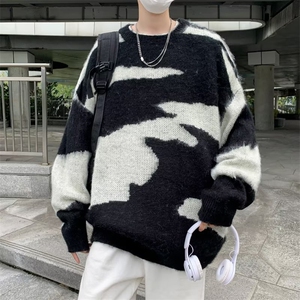 2022港风文艺刺绣印花毛衣男春秋宽松潮流针织衫复古百搭上衣图片