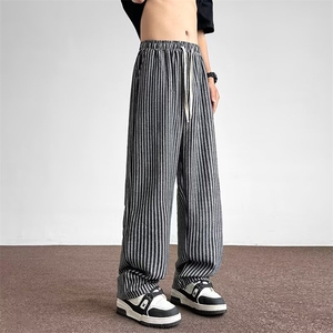 黑白复古竖条纹裤子男女新款春秋垂感直筒休闲阔腿长裤子K159/P40图片