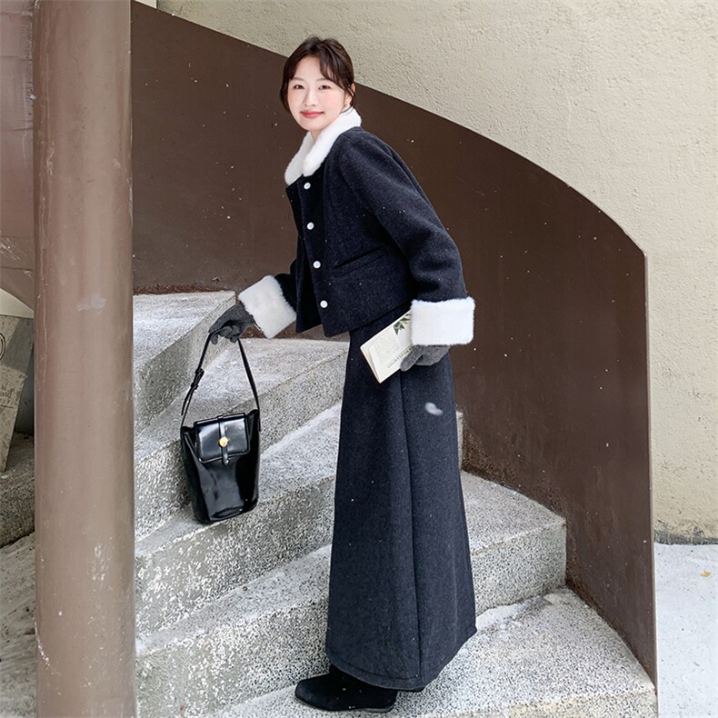 赫本风优雅拼接毛领羽绒内胆加厚半裙套装F698-P215-K328,女装套装/套裙,2C255