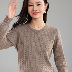 时尚女士秋季新款修身显瘦金丝圆领绞花针织衫，女装针织衫/毛衣，奢优羊绒