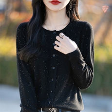 2025春秋新款精纺开衫上衣女亮片针织衫圆领宽松洋气百搭毛衣外套，女装羊毛衫，片语羊绒
