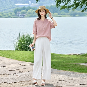 现货！苎麻上衣女高端苎麻套装2026新款夏季时尚绣花透气凉爽裤图片