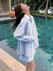 条纹拼接衬衫短裤套装女春秋2025新款多巴胺色流行超火两件套减龄，女装套装/套裙，蝶眷