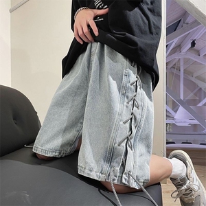 侧边编绳蓝色牛仔短裤男夏季休闲中裤美式小众五分裤子DK10