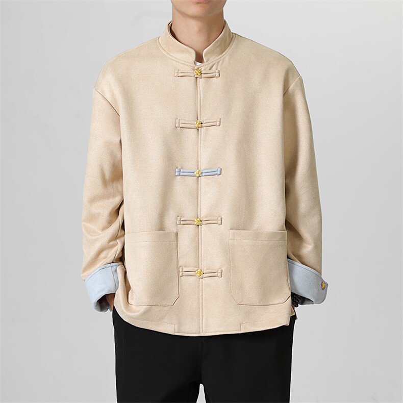 秋冬新品新中式鹿皮绒拼色四叶草金属扣立领唐装加厚外套JK109，男装民族服装，星座305A（原312A-1）