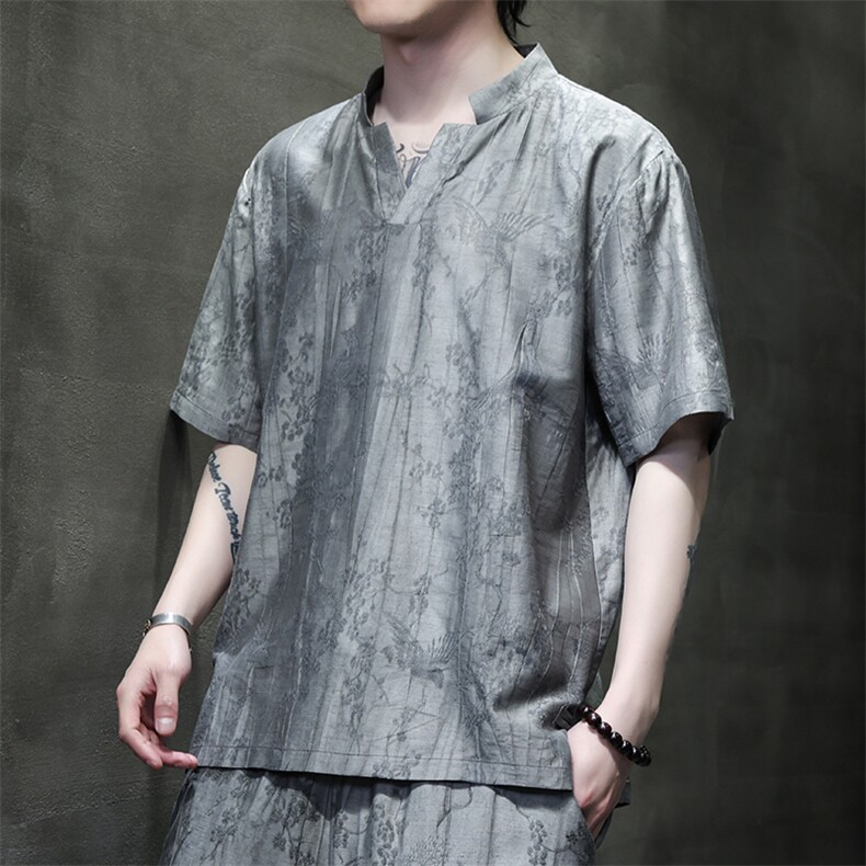 2025夏季新款风男装上衣新中式盘扣天丝提花短袖T恤C99-P65,男装T恤,电商B277(原6028)