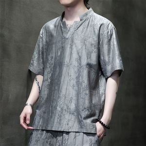 2025夏季新款风男装上衣新中式盘扣天丝提花短袖T恤 C99-P65图片